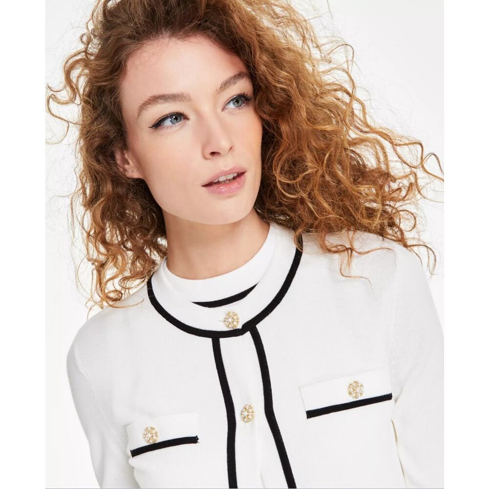 Karl Lagerfeld Paris Women White Knit Rayon Classic Crewneck Cardigan Size XL - Picture 5 of 8